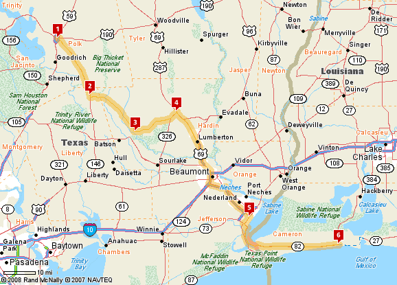 Livingston, TX to Holly Beach, LA, 141 miles