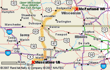 Muscatine, IA to McFarland, WI, 200 miles