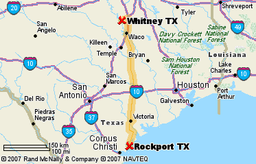 Whitney, TX to Rockport, TX, 318 mi