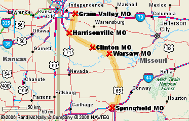 Grain Valley to Springfield, 187 miles